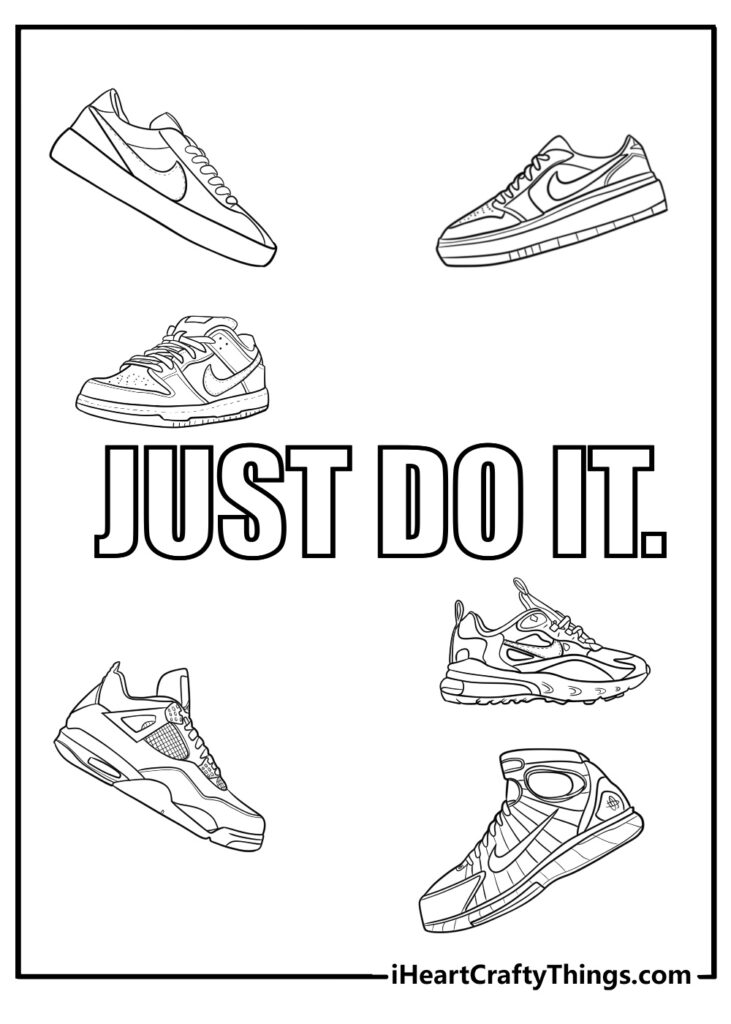 Black-and-white sneaker coloring page with “JUST DO IT.