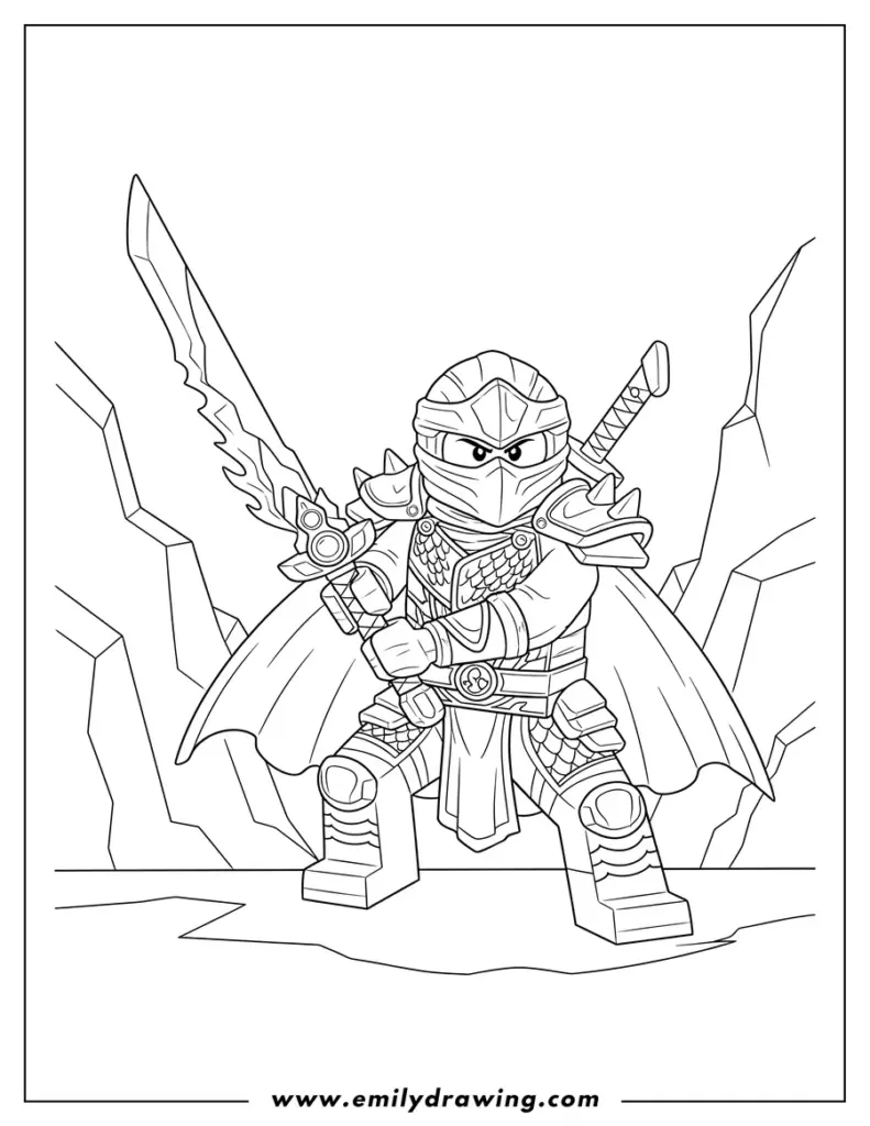 Ninja warrior holding sword, standing before cracked rocks