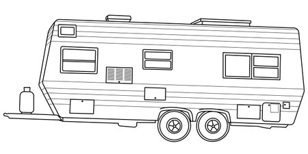 Black-and-white line drawing of a travel trailer side view