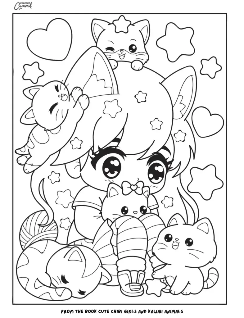 Cute chibi girl surrounded by cartoon kittens and stars