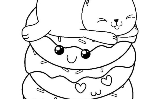 Sleeping cat on stacked smiling donuts line drawing
