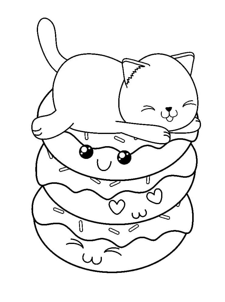 Sleeping cat on stacked smiling donuts line drawing