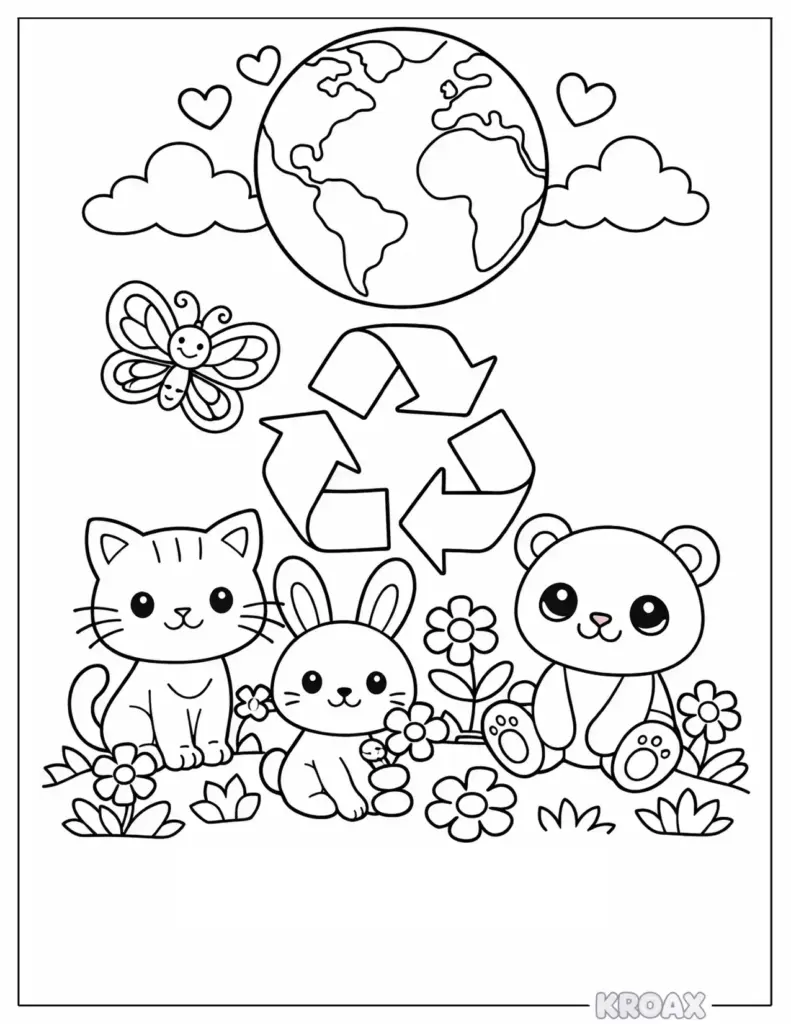 Black-and-white Earth Day coloring page with animals and recycle symbol