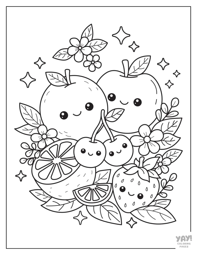 Cute fruit coloring page with flowers and stars