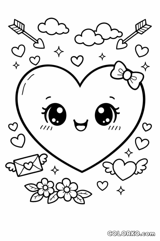 Cute heart face with wings, arrows, and flowers