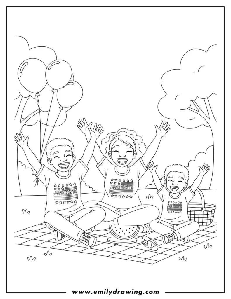 Three children celebrating outdoors with balloons and watermelon