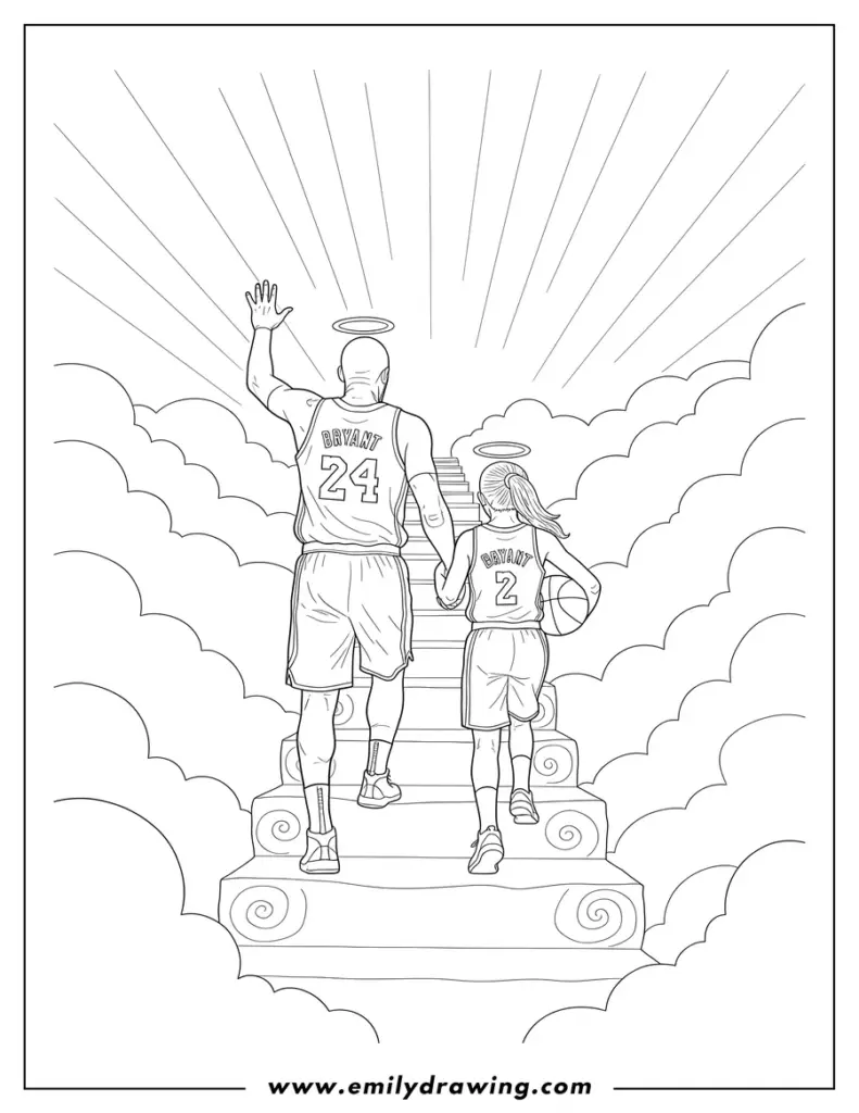 Basketball player and child climbing cloud staircase