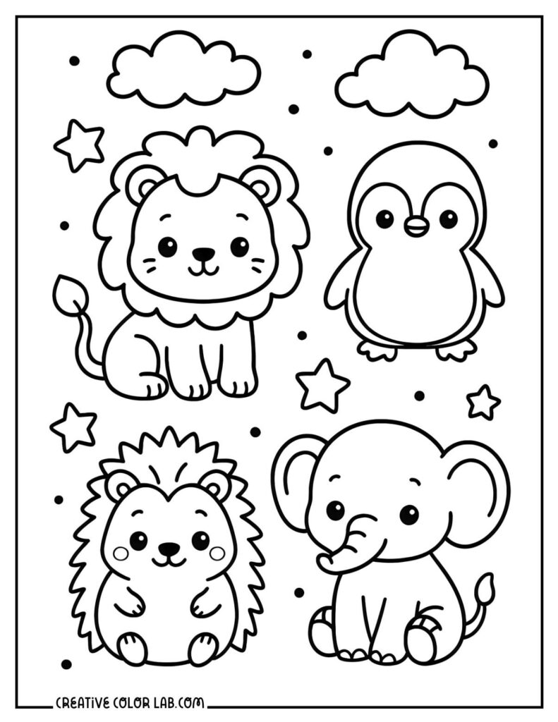 Cute animal coloring page with lion, penguin, hedgehog, elephant