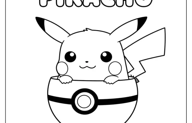 Pikachu peeking out of a Poké Ball coloring page