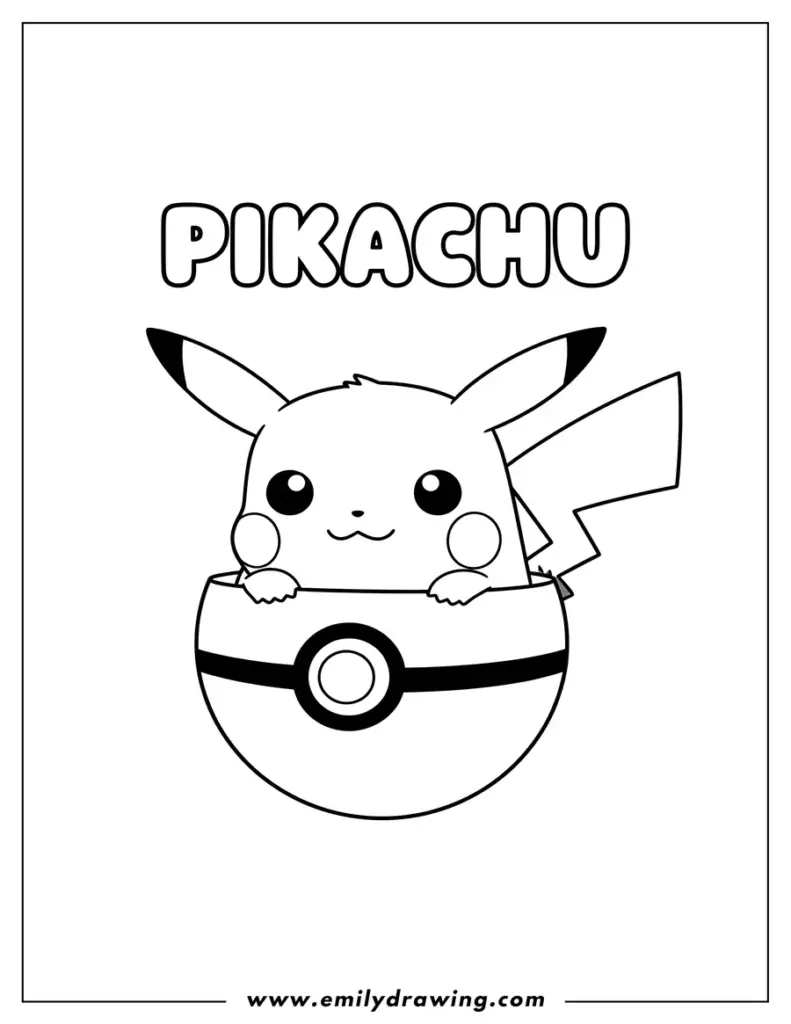 Pikachu peeking out of a Poké Ball coloring page