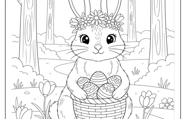 Coloring page of bunny holding decorated eggs in forest