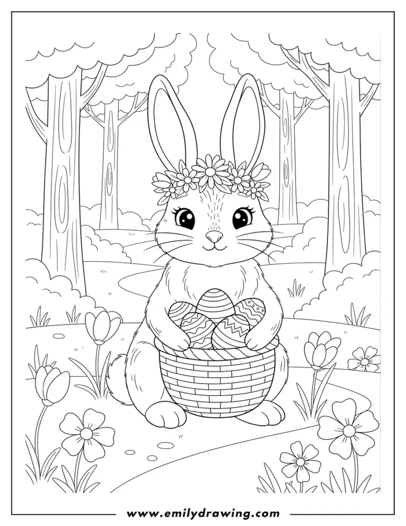 Coloring page of bunny holding decorated eggs in forest