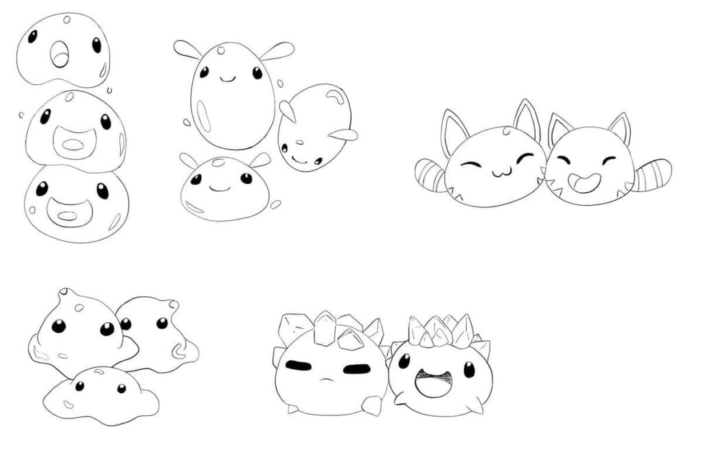 Black-and-white cartoon slime characters on white background