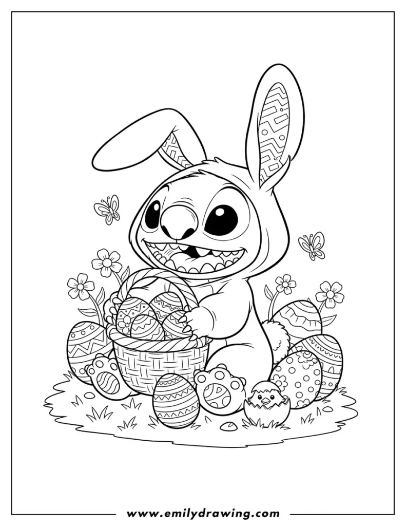 Cartoon bunny holding decorated Easter eggs and basket