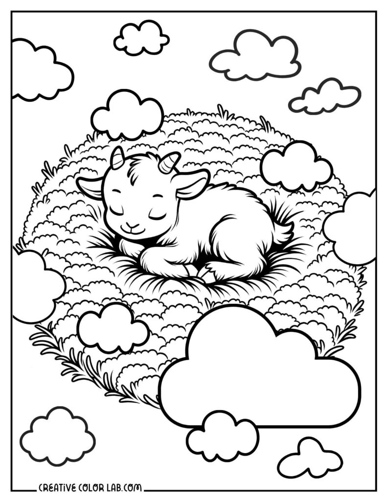 Sleeping goat on grassy hill with clouds above