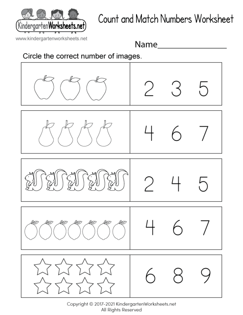 Kindergarten count-and-match numbers worksheet with pictures and numbers
