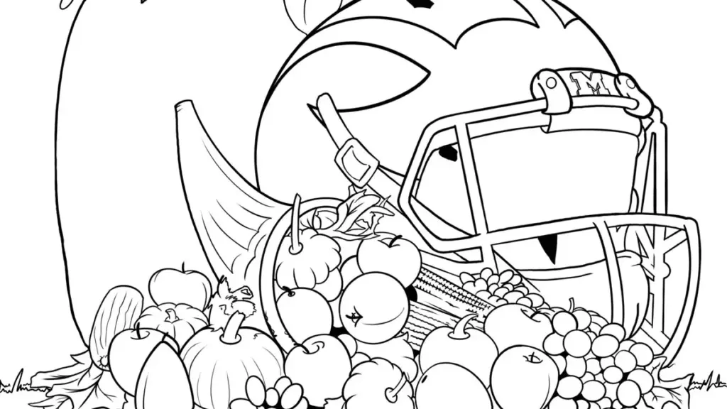 Football helmet surrounded by fruits and vegetables coloring page