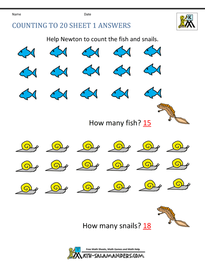 Counting worksheet with fish, snails, and answers