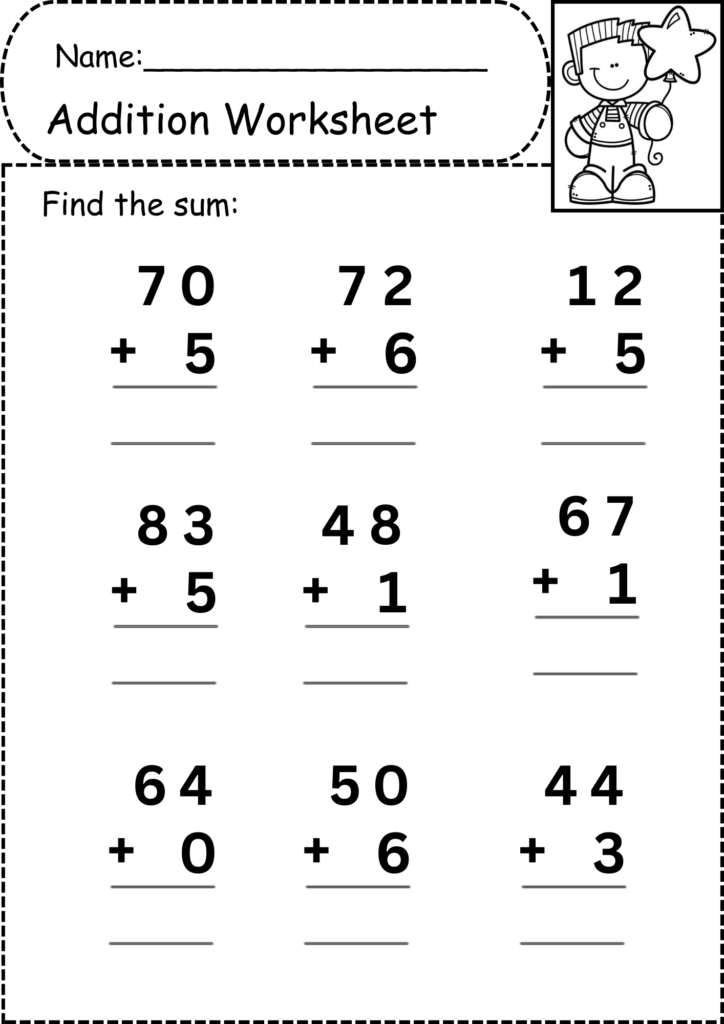 Addition worksheet with nine two-digit sums and cartoon child