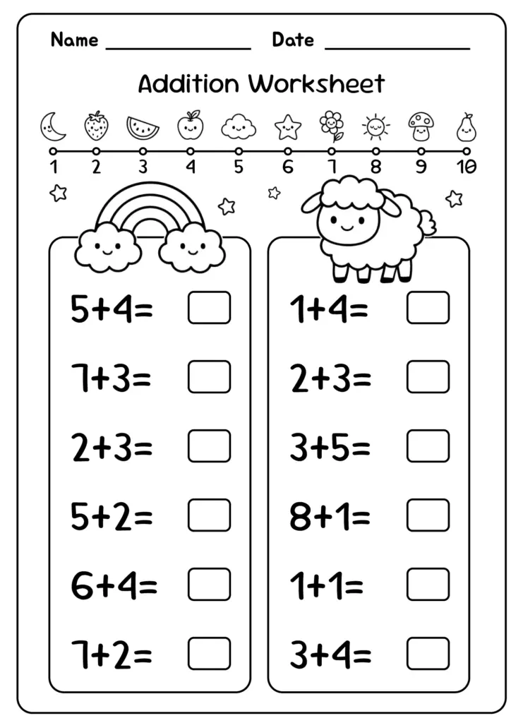 Black-and-white addition worksheet with cute animal drawings