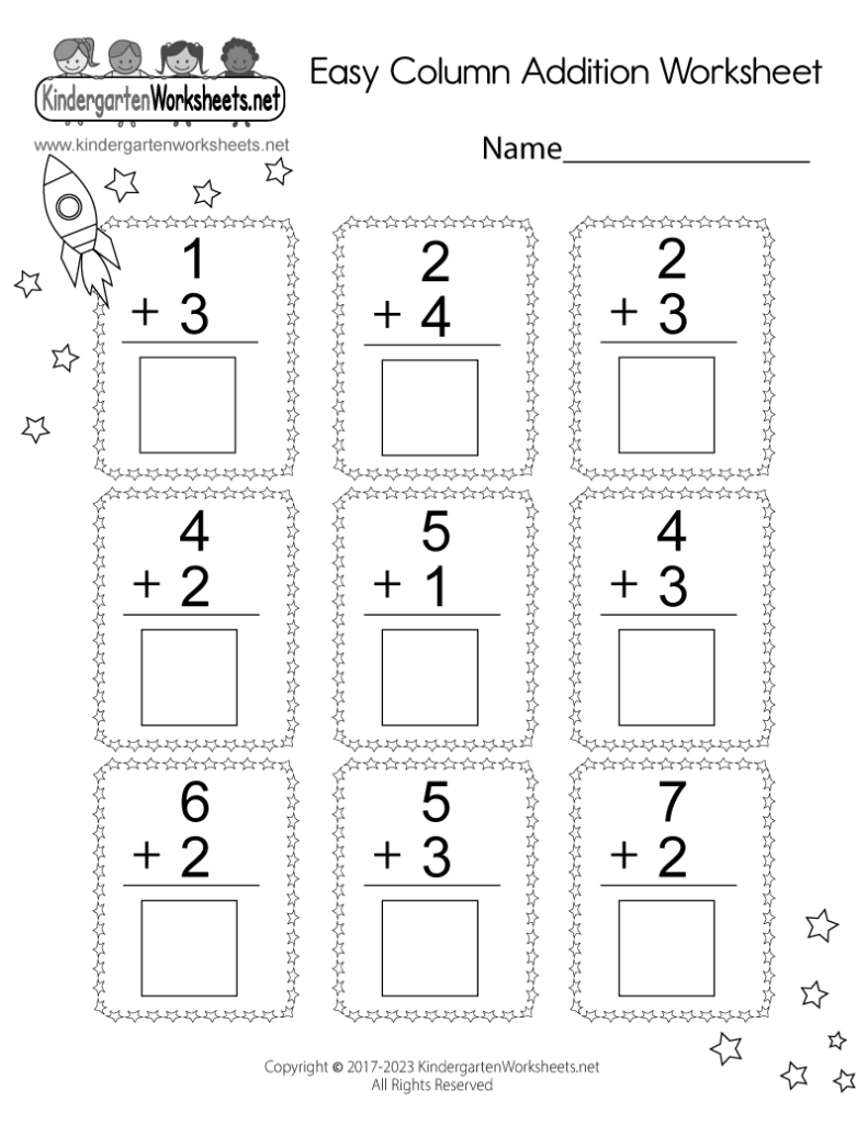 Kindergarten addition worksheet with nine star-bordered problems