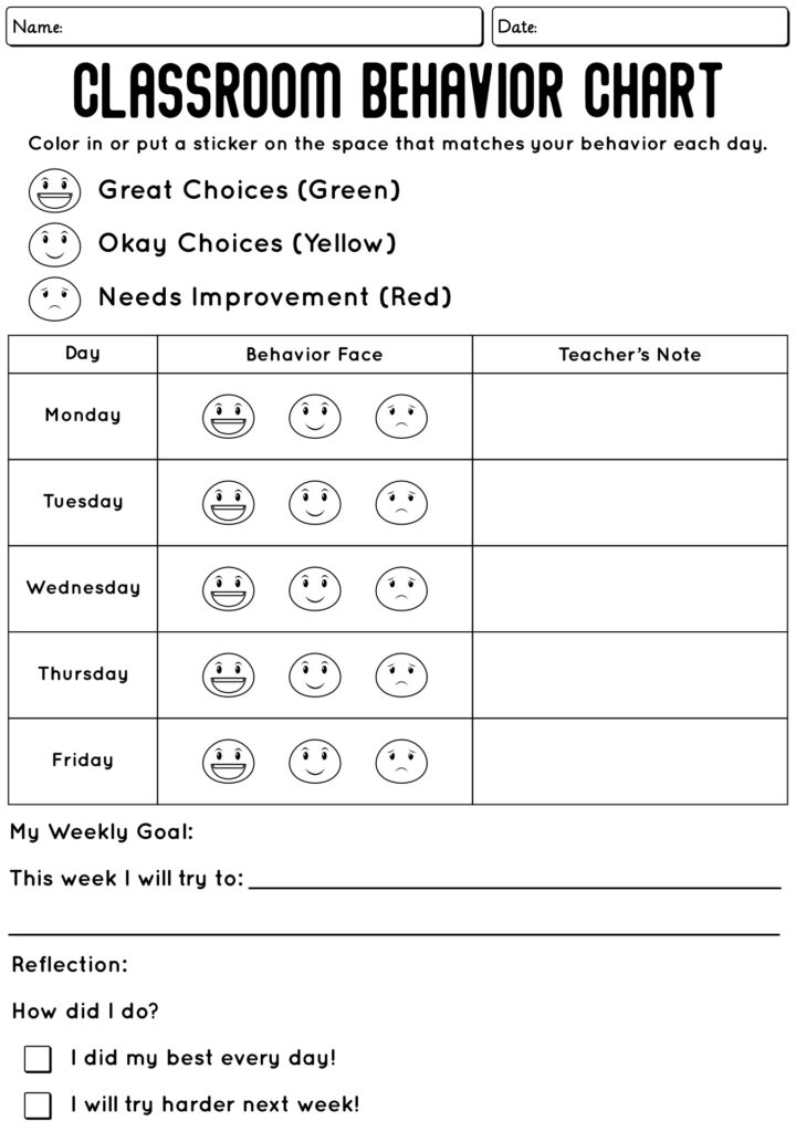Classroom behavior chart worksheet with emoji faces and table rows