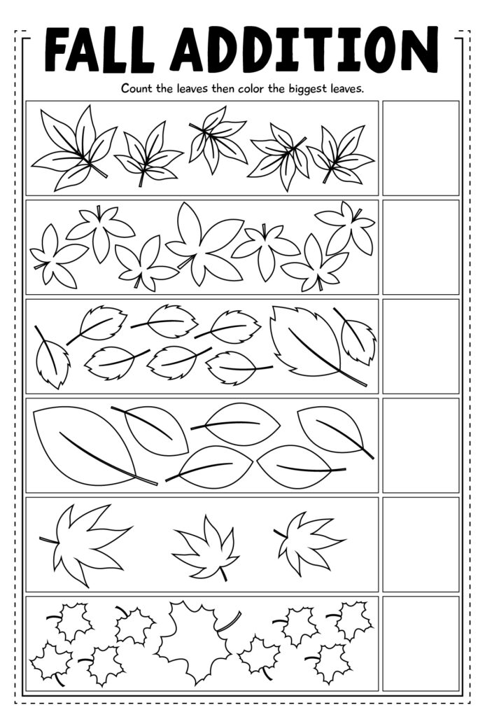 Fall addition worksheet with leaf counting boxes