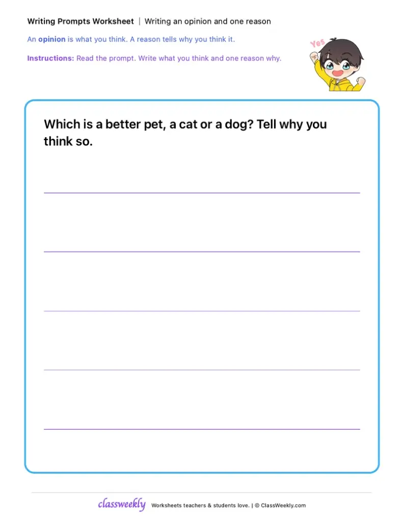 Writing worksheet asking whether cats or dogs are better pets
