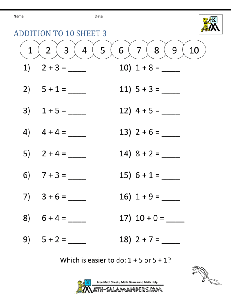 Addition to ten worksheet with numbered equations