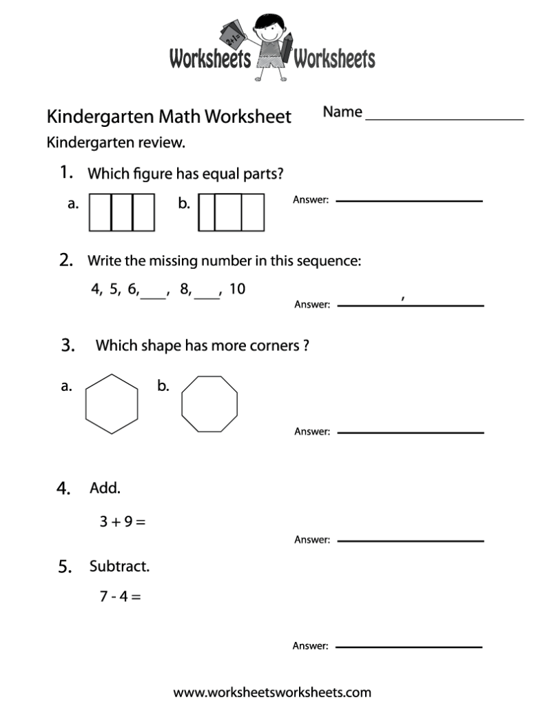 Kindergarten math worksheet with shapes and simple problems