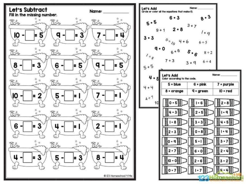 Three math worksheets with addition and subtraction problems