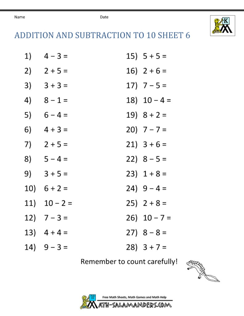 Addition and subtraction worksheet with numbered problems