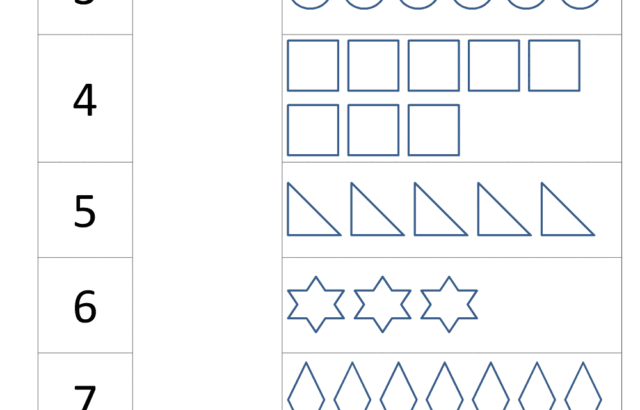 Kindergarten worksheet with numbers and outlined shapes