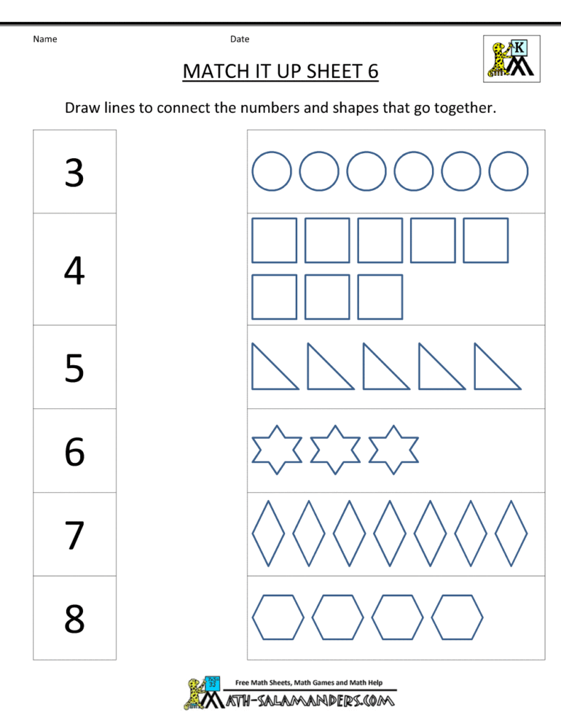 Kindergarten worksheet with numbers and outlined shapes