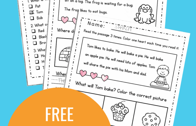 Stack of kindergarten comprehension worksheets on blue background