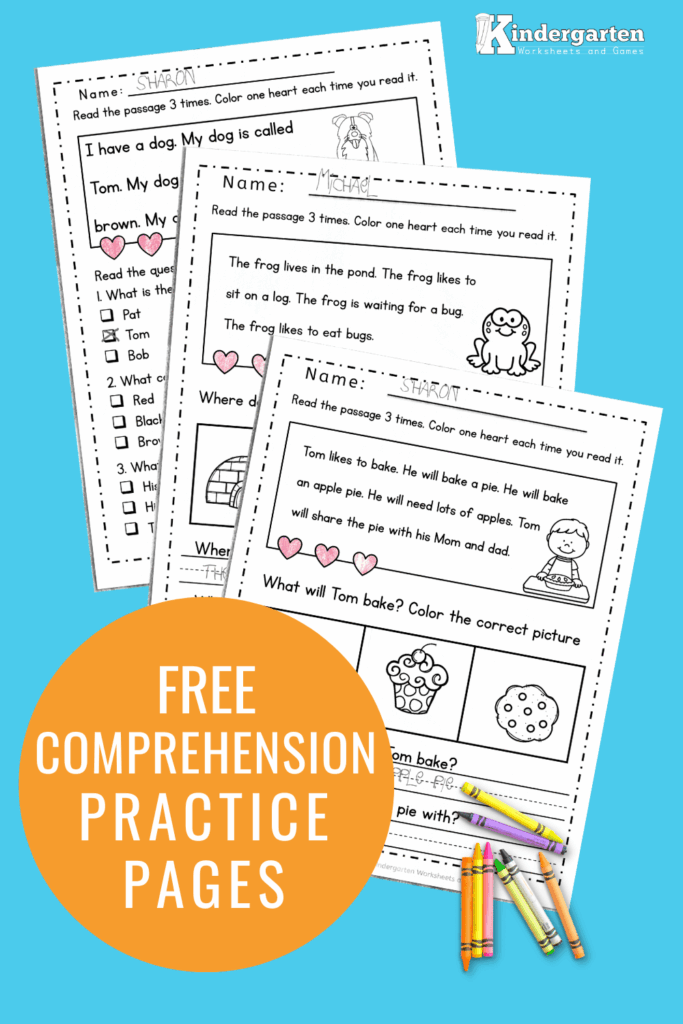 Stack of kindergarten comprehension worksheets on blue background