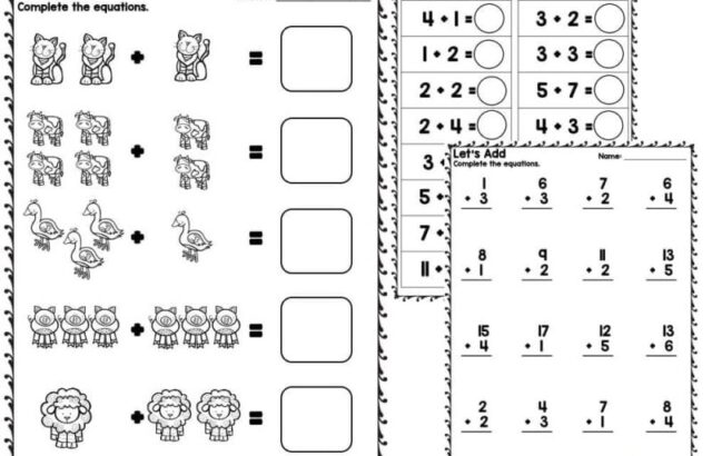 Three printable addition worksheets with cartoon pictures and number problems