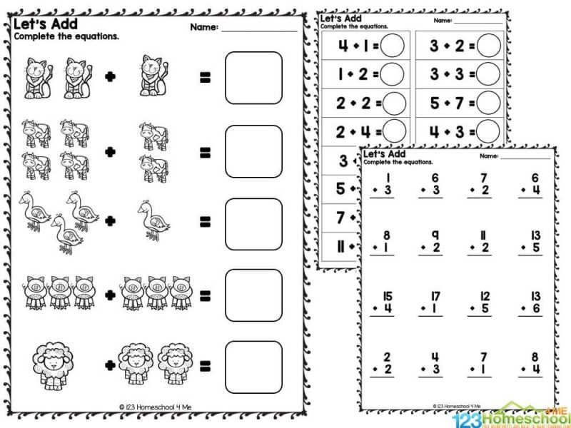 Three printable addition worksheets with cartoon pictures and number problems