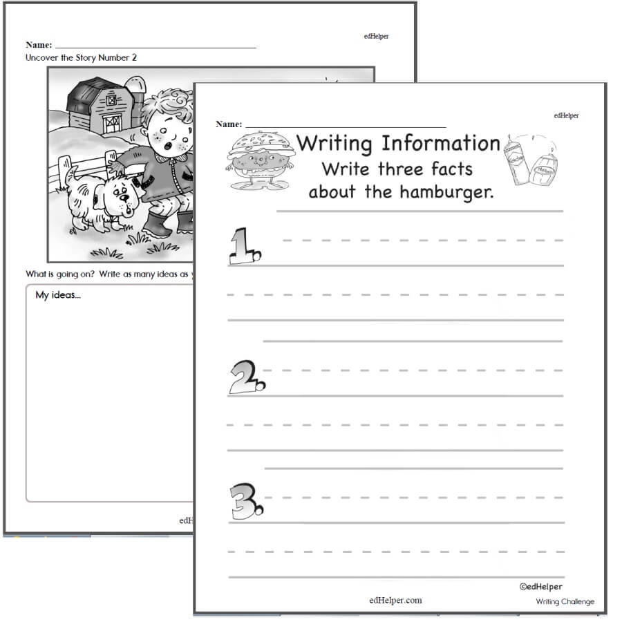 Overlapping black-and-white writing worksheets with hamburger illustration