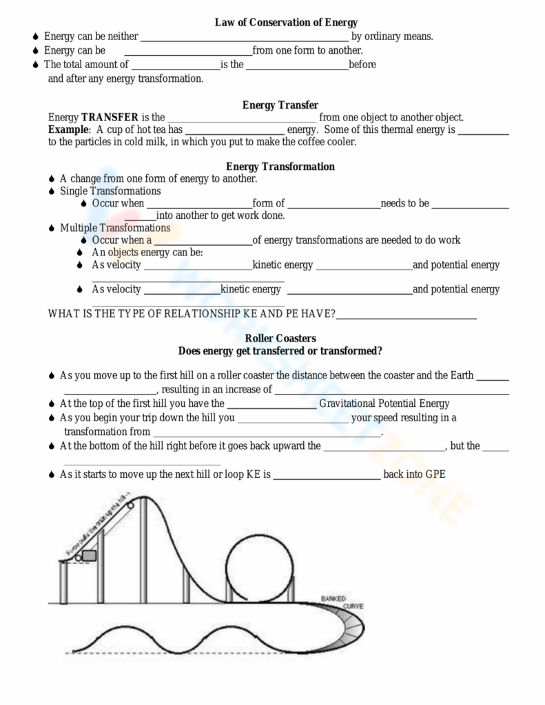 Physics worksheet about energy conservation and roller coasters