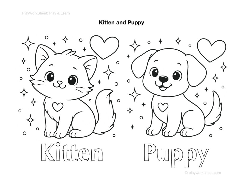 Cartoon kitten and puppy coloring worksheet with hearts