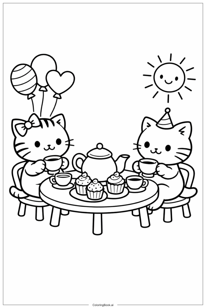 Two cartoon cats having tea at table, balloons above