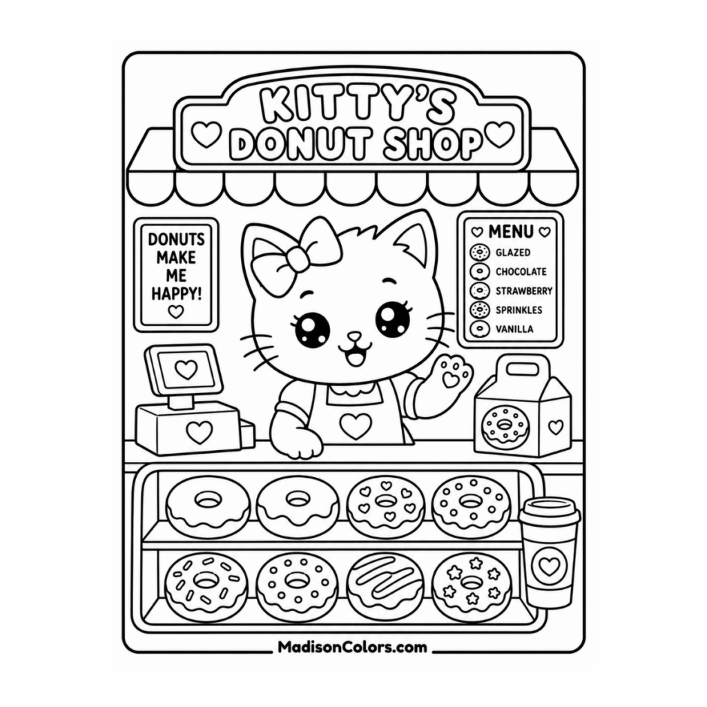 Black-and-white cat donut shop coloring page
