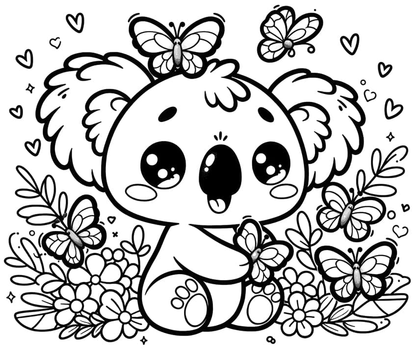 Cute koala surrounded by butterflies and flowers