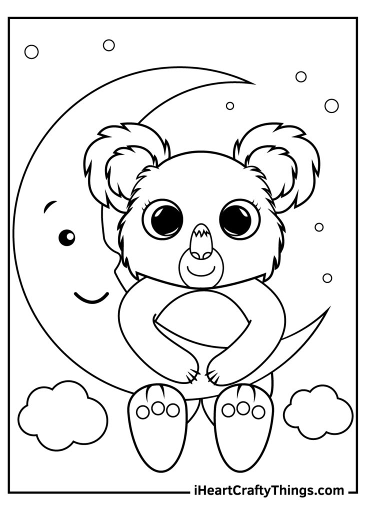 Cute koala sitting on crescent moon with clouds