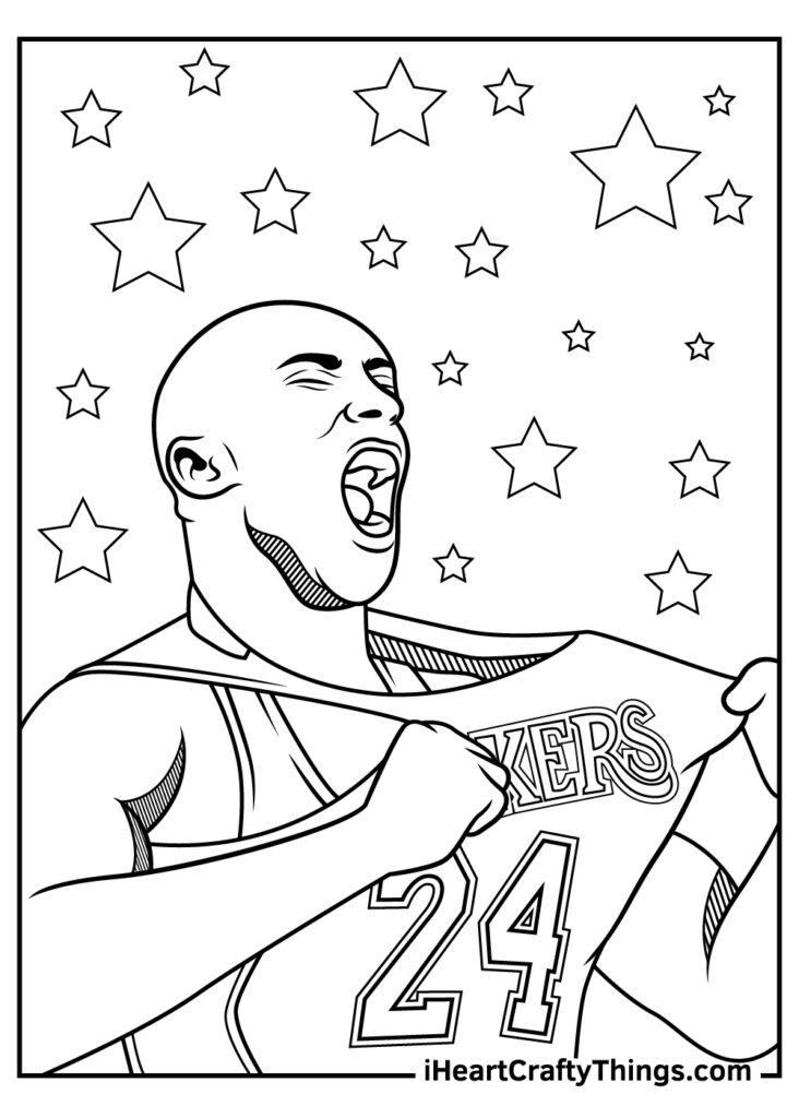 Black-and-white basketball player coloring page with stars
