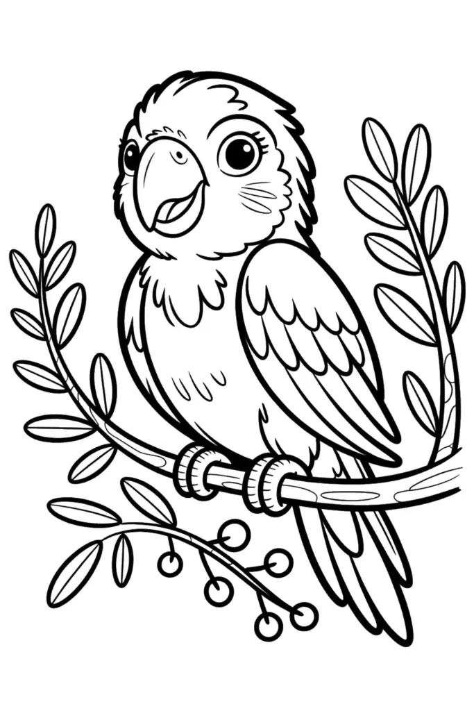 Cartoon parrot perched on leafy branch