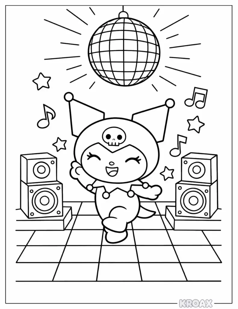 Cartoon character dancing under disco ball with speakers