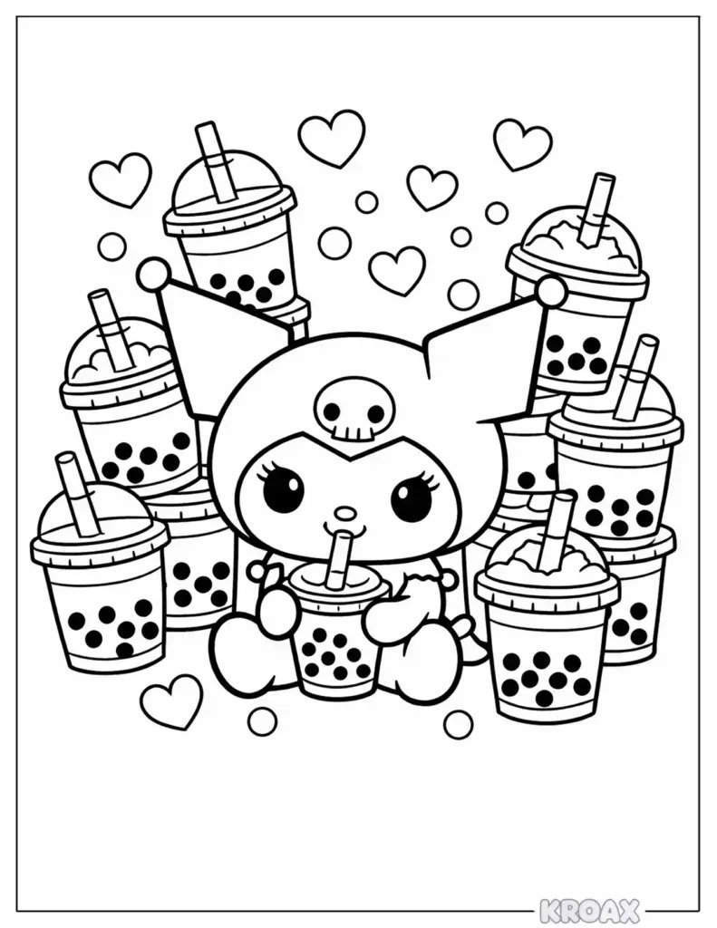 Cartoon character surrounded by bubble tea cups and hearts