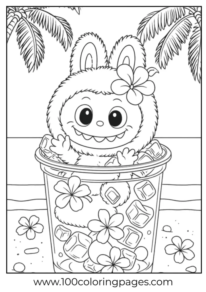 Cute bunny in cup with flowers and palm leaves